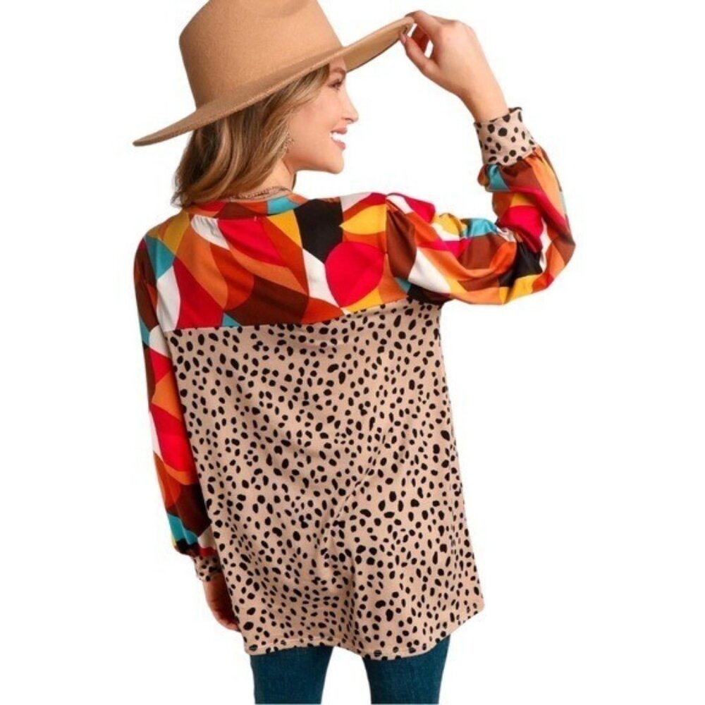 Artsy Geometric Animal Print Top Women Size large Long Sleeve Colorful Boho - Picture 7 of 16